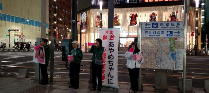 あやめちゃんの心臓移植の為の募金活動数寄屋橋交差点 10月23日 社会福祉・障がい者支援委員会 あやめちゃんの心臓移植の為の募金活動数寄屋橋交差点 10月23日 社会福祉・障がい者支援委員会
